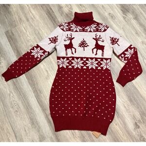 SHEIN Frenchy Red White Reindeer Fair Isle Christmas Turtleneck Sweater Dress